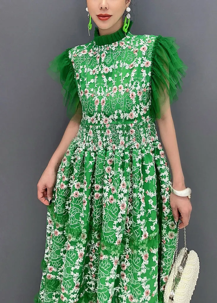 Italian Green Print Ruffled Patchwork Tulle Dresses with Butterfly Sleeves