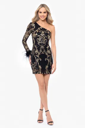 One-Shoulder Sequin and Feather Dress with Short Length named Janine