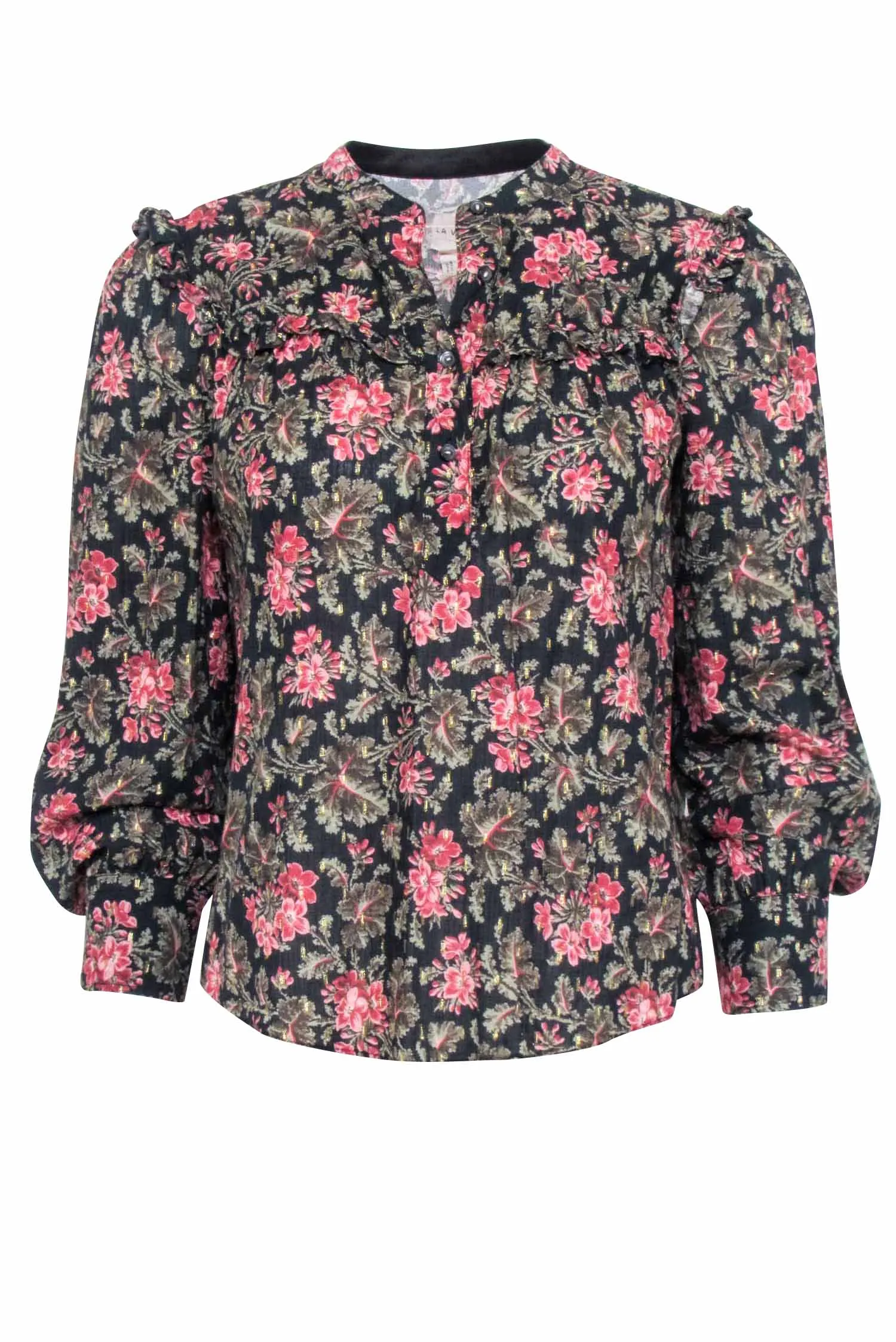 La Vie by Rebecca Taylor - Black Floral Print Blouse w/ Gold Accents Sz XS