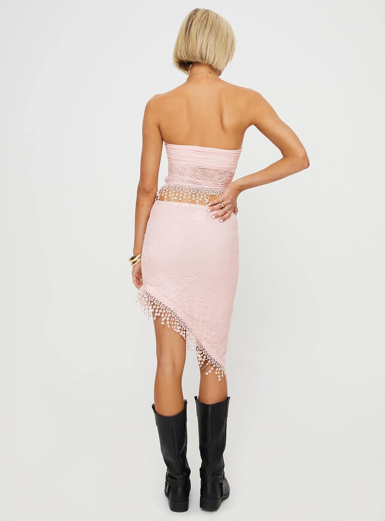 Pink Asymmetrical Midi Skirt with Lace Details by Ziena