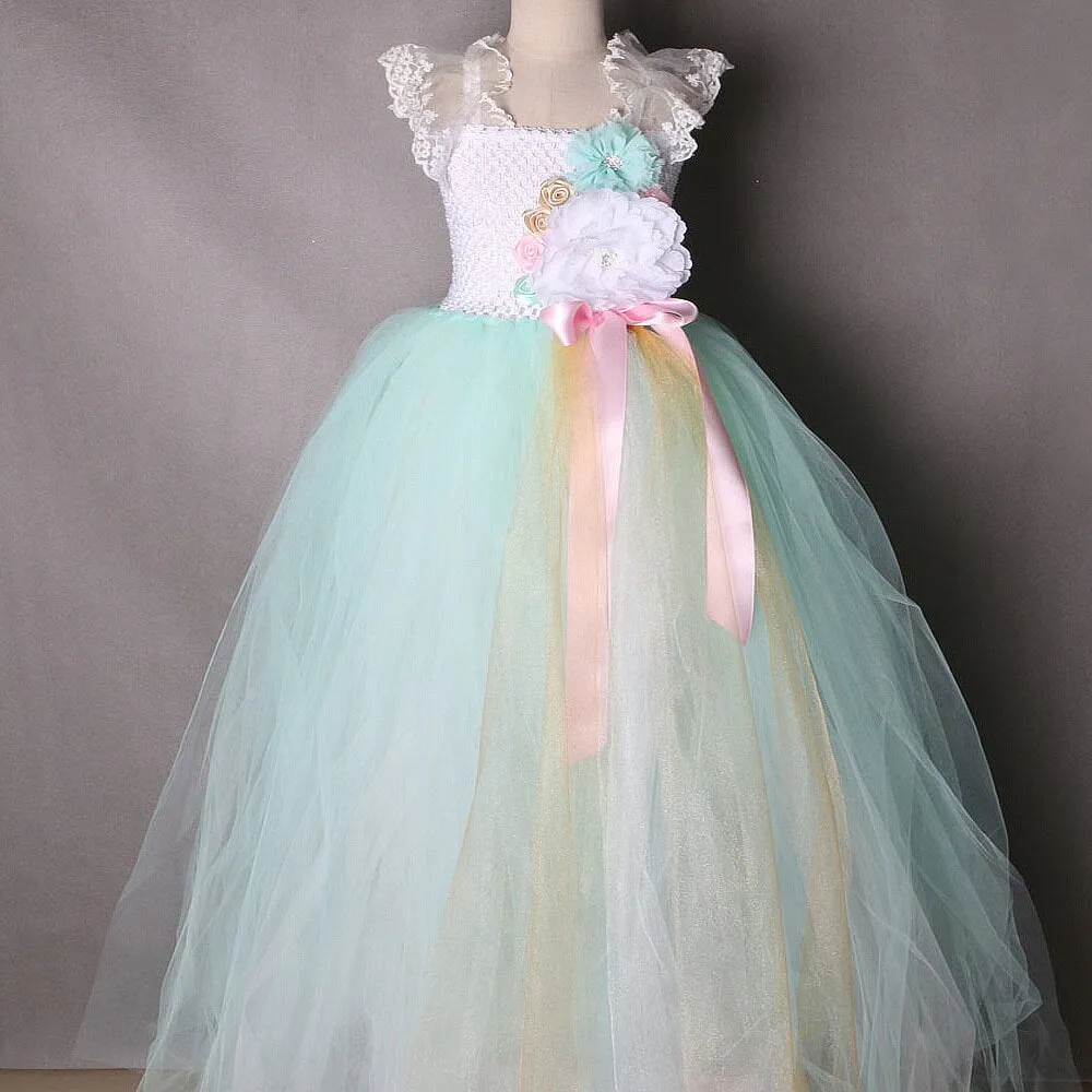 Turquoise Ball Gown Princess Dress with Lace Details