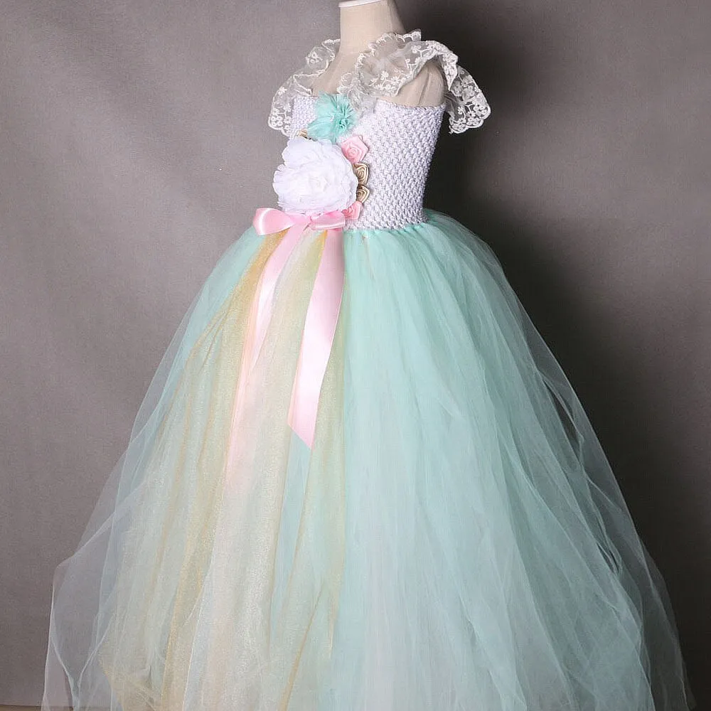 Turquoise Ball Gown Princess Dress with Lace Details