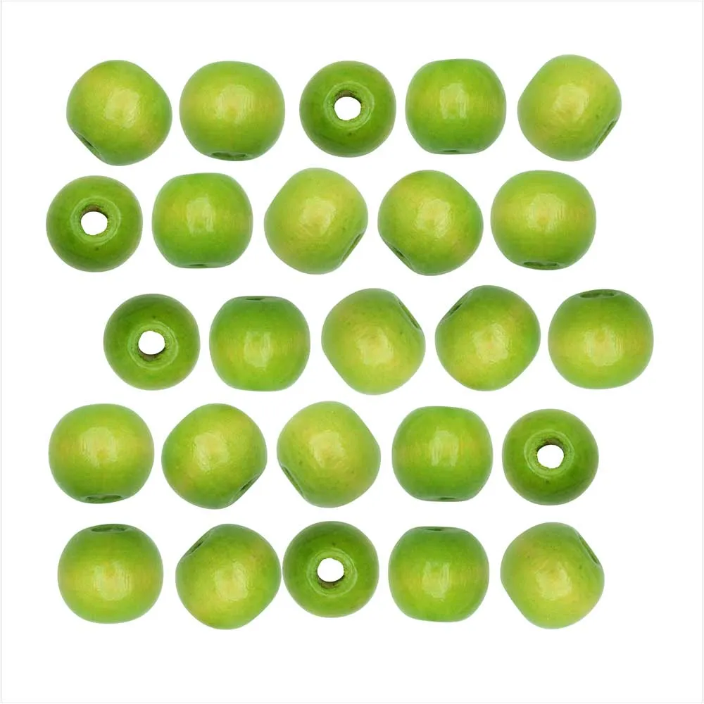 Lime Green Dyed Wood Beads, Smooth Large Hole Round 12mm (25 Pieces)