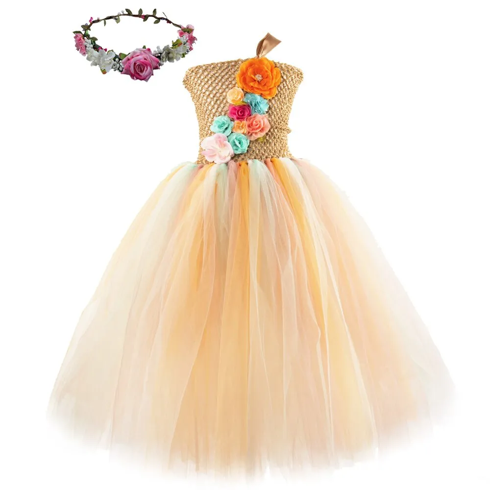 Long Flower Girl Tutu Dress with Garland for Wedding and Birthday Parties;