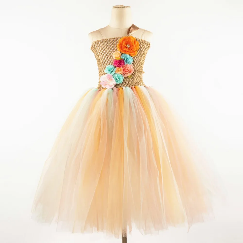 Long Flower Girl Tutu Dress with Garland for Wedding and Birthday Parties;