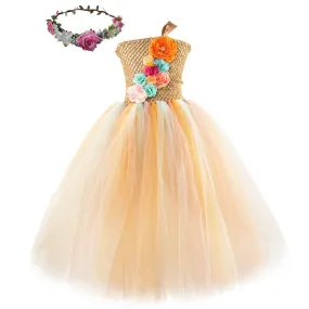 Long Flower Girl Tutu Dress with Garland for Wedding and Birthday Parties;