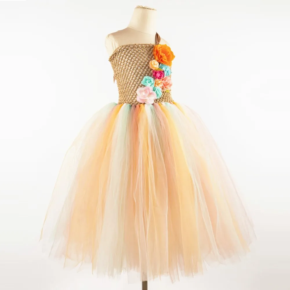 Long Flower Girl Tutu Dress with Garland for Wedding and Birthday Parties;