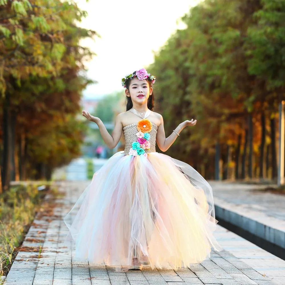 Long Flower Girl Tutu Dress with Garland for Wedding and Birthday Parties;