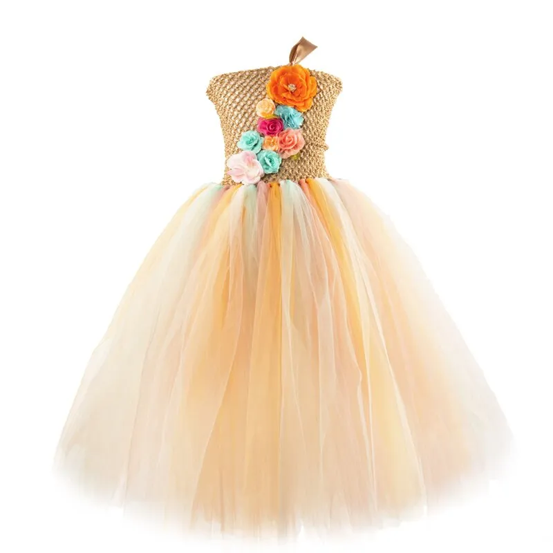 Long Flower Girl Tutu Dress with Garland for Wedding and Birthday Parties;