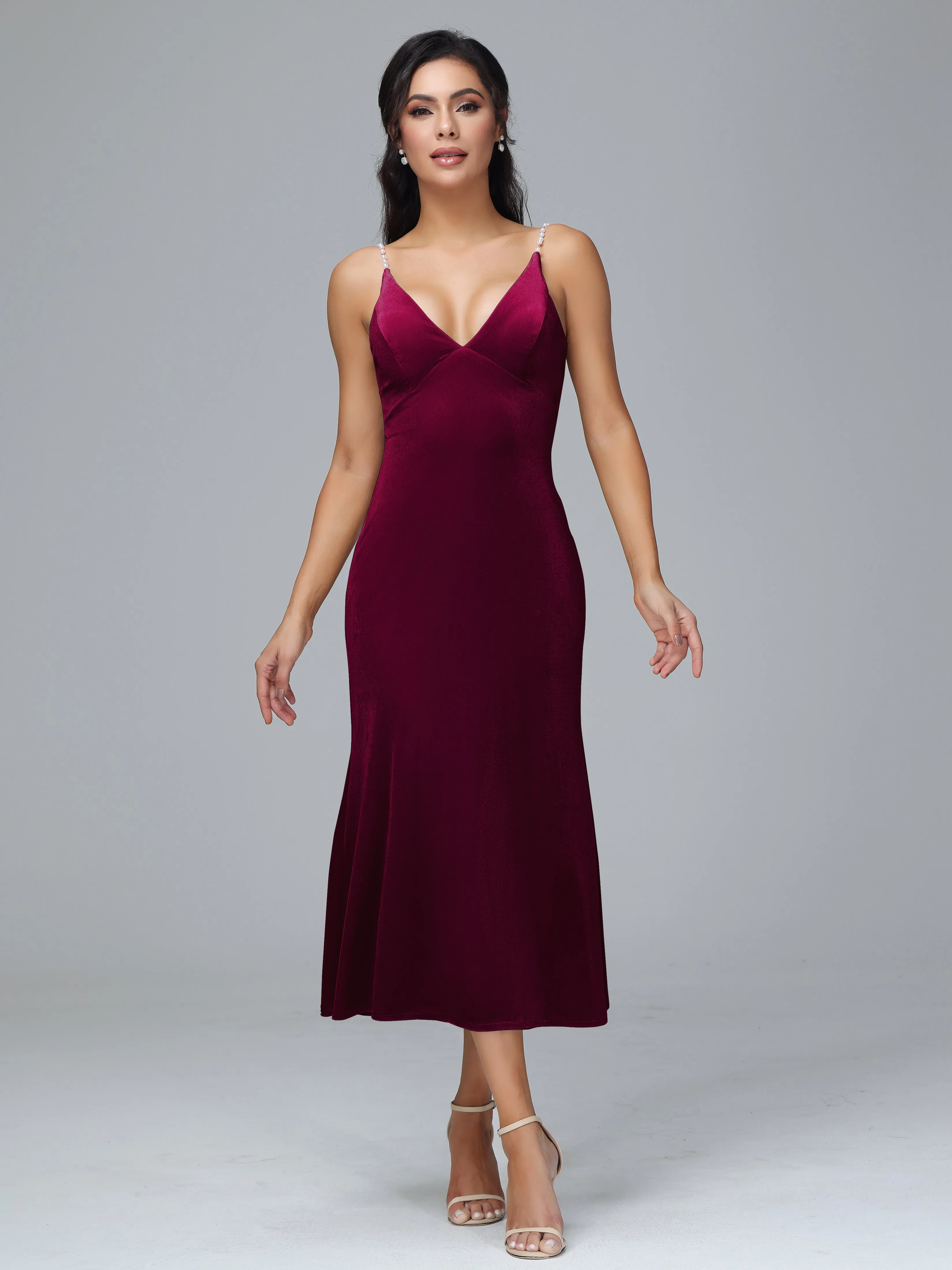 Velvet Bridesmaid Dresses with Pearl Straps and Open Back