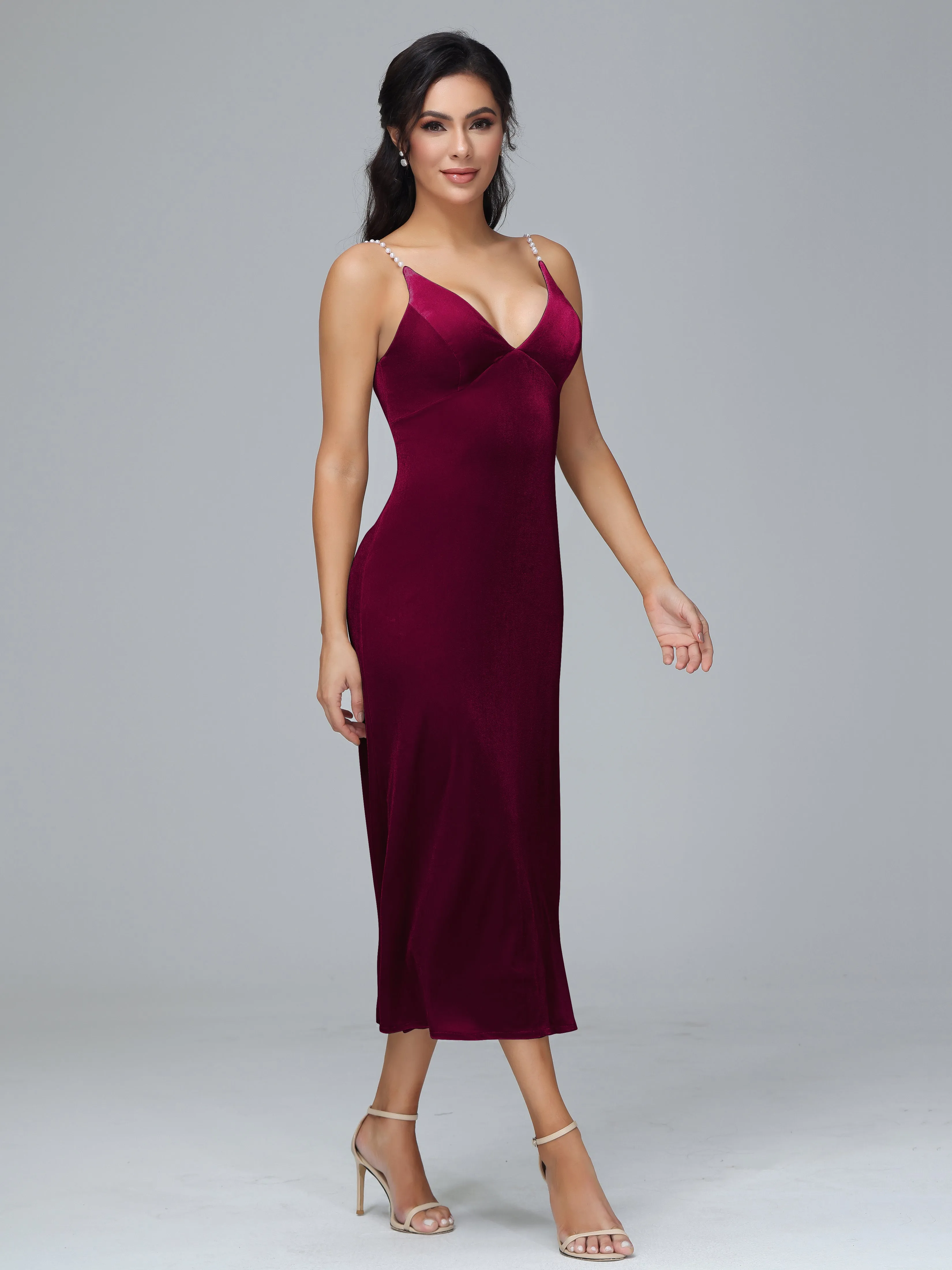 Velvet Bridesmaid Dresses with Pearl Straps and Open Back