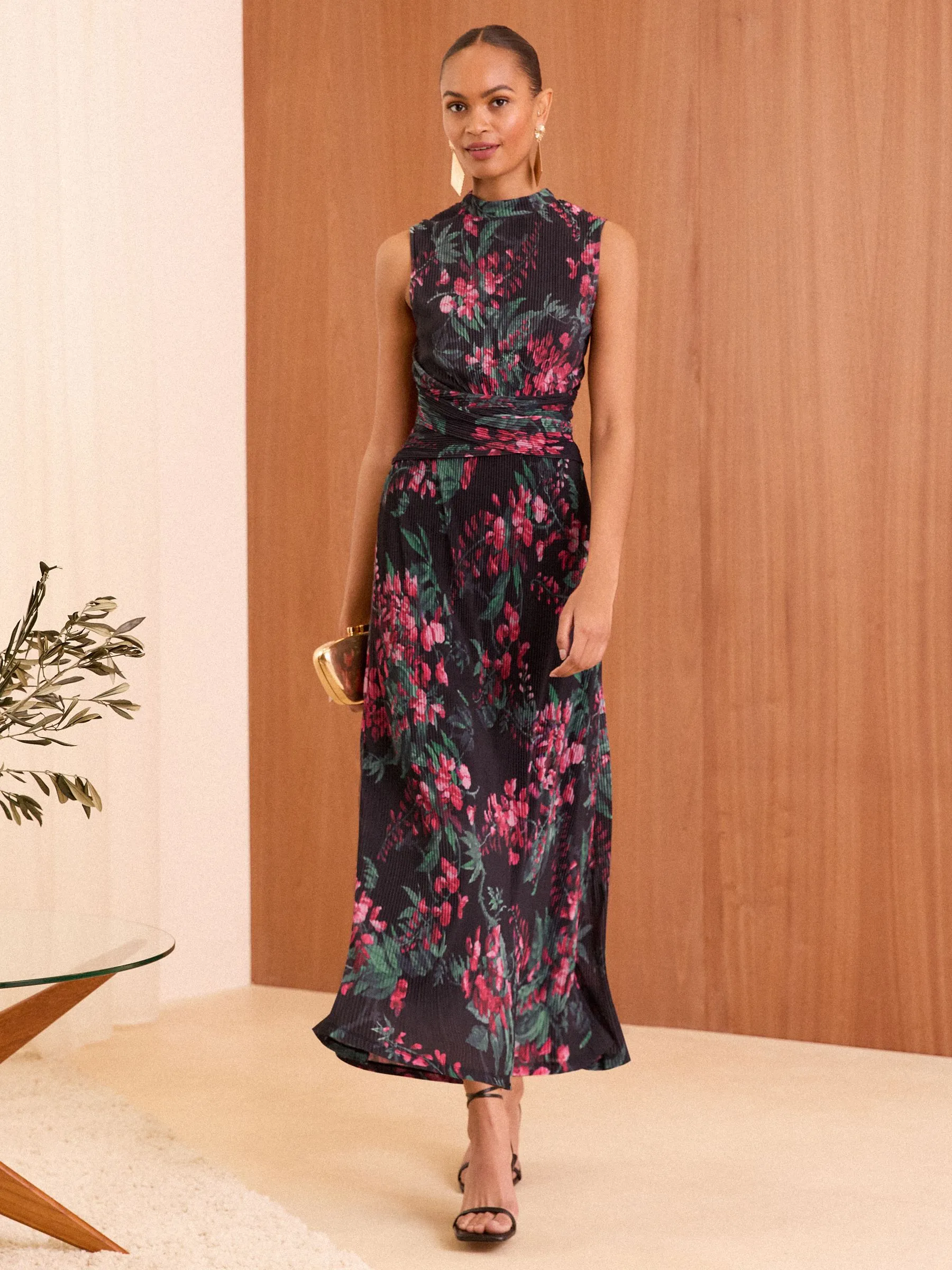Love & Roses Black Floral Plisse Jersey Wrap Front Sleeveless Midi Dress