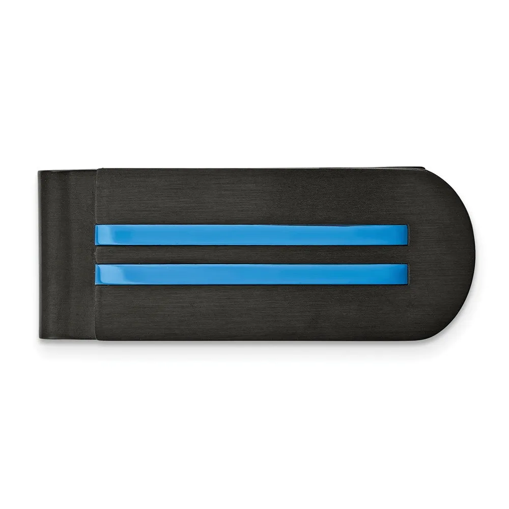 Men's Black and Blue Plated Stainless Steel Fold Over Money Clip