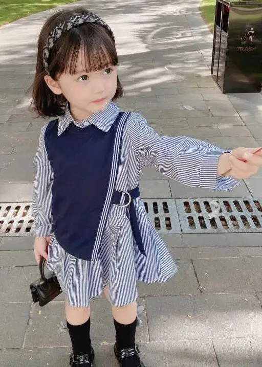 Navy Waistcoat And Striped Dresses Cotton Girls Two-Piece Set for Fall