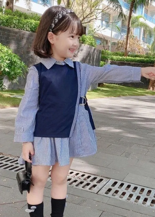 Navy Waistcoat And Striped Dresses Cotton Girls Two-Piece Set for Fall