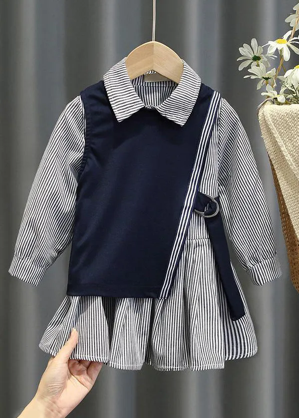 Navy Waistcoat And Striped Dresses Cotton Girls Two-Piece Set for Fall