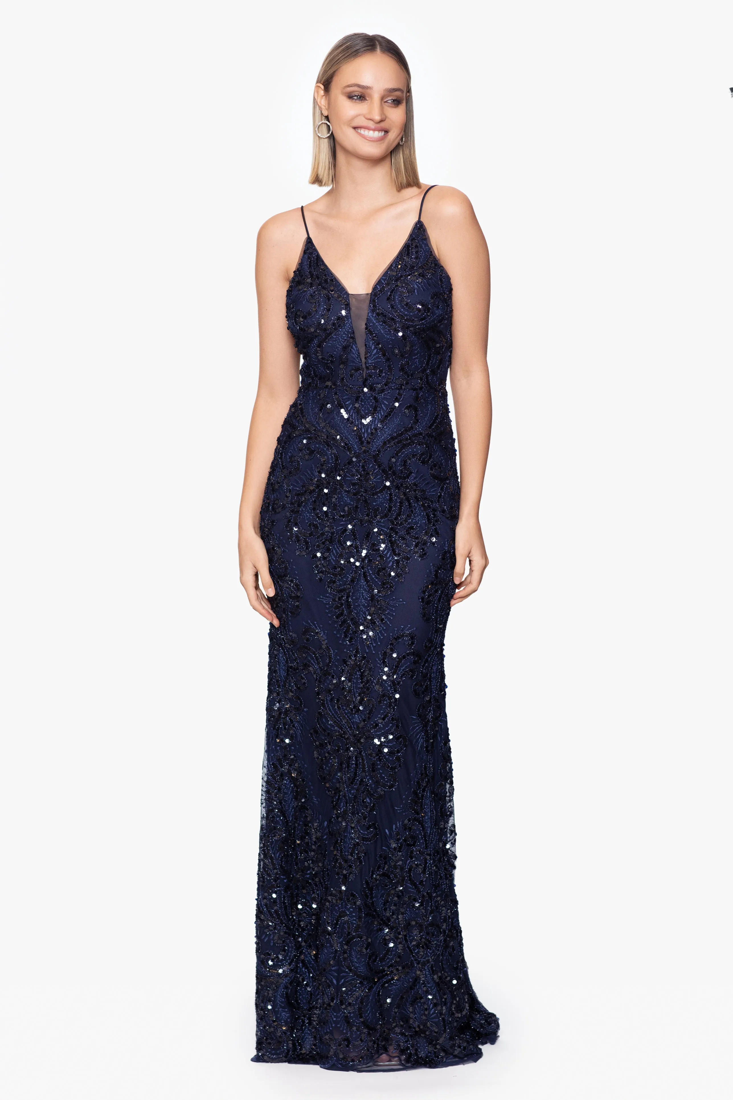 Long V-Neck Dress with Sequin Illusion named Nina