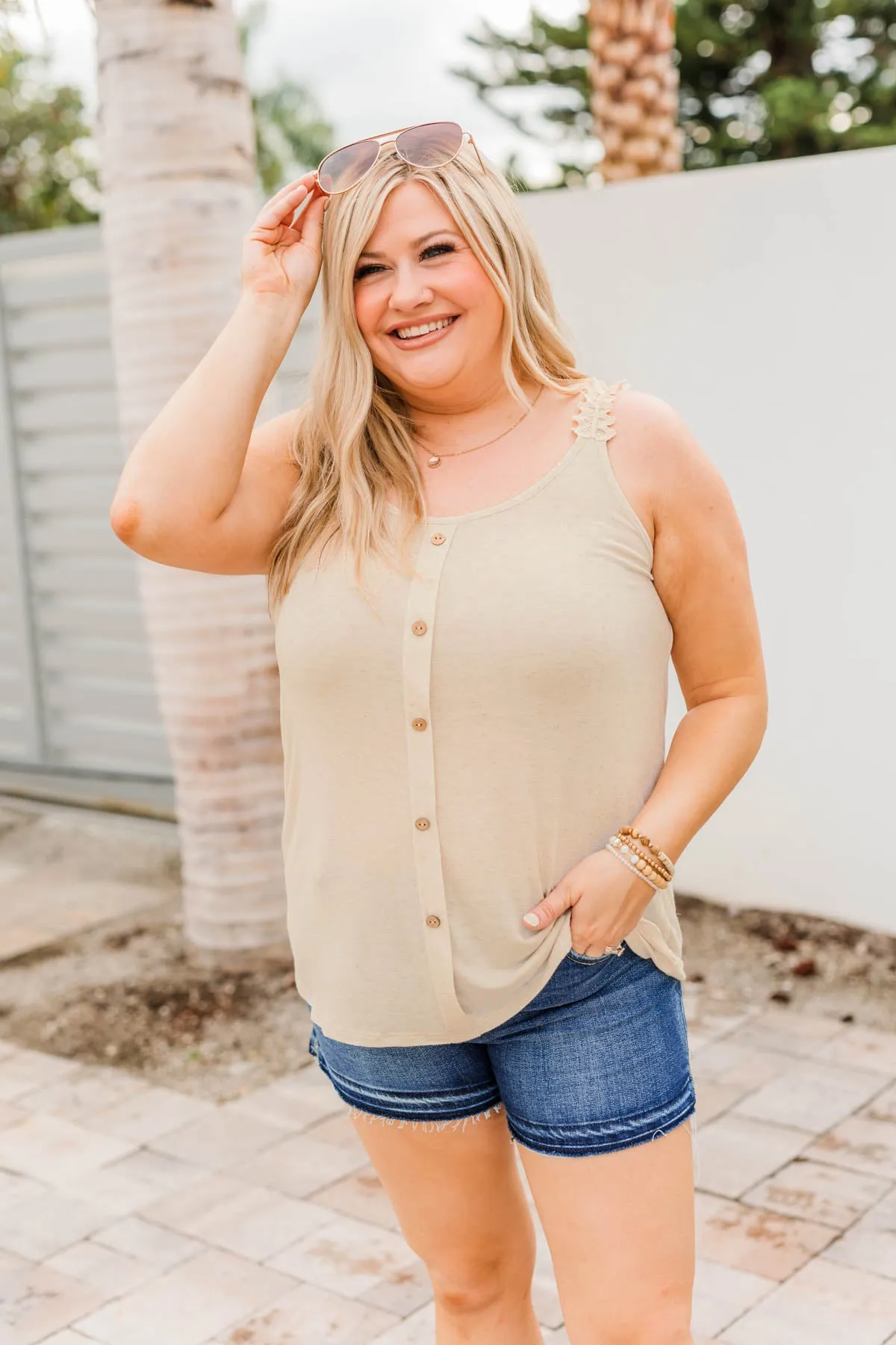 Oatmeal Under The Palm Trees Button Tank