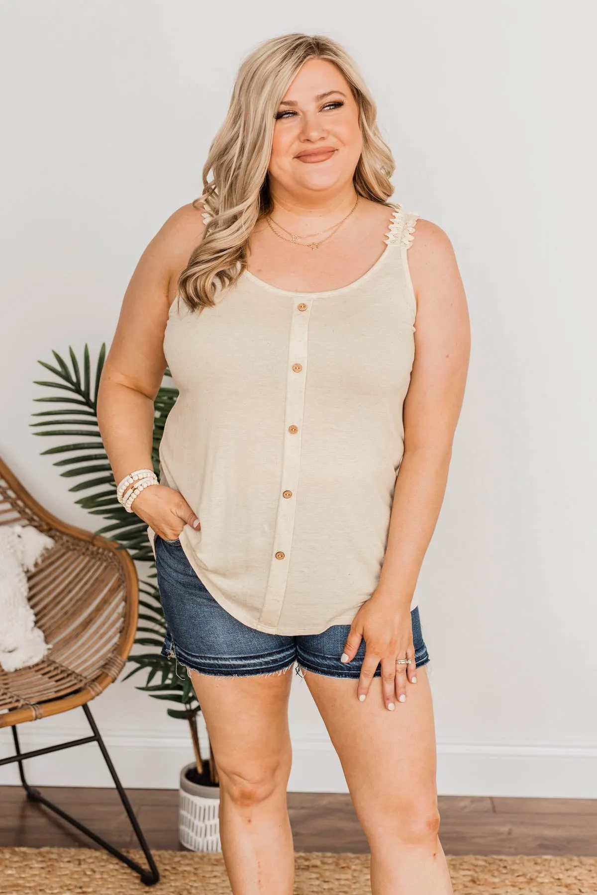 Oatmeal Under The Palm Trees Button Tank