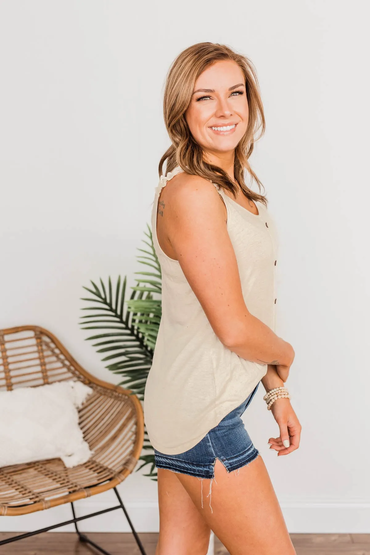 Oatmeal Under The Palm Trees Button Tank