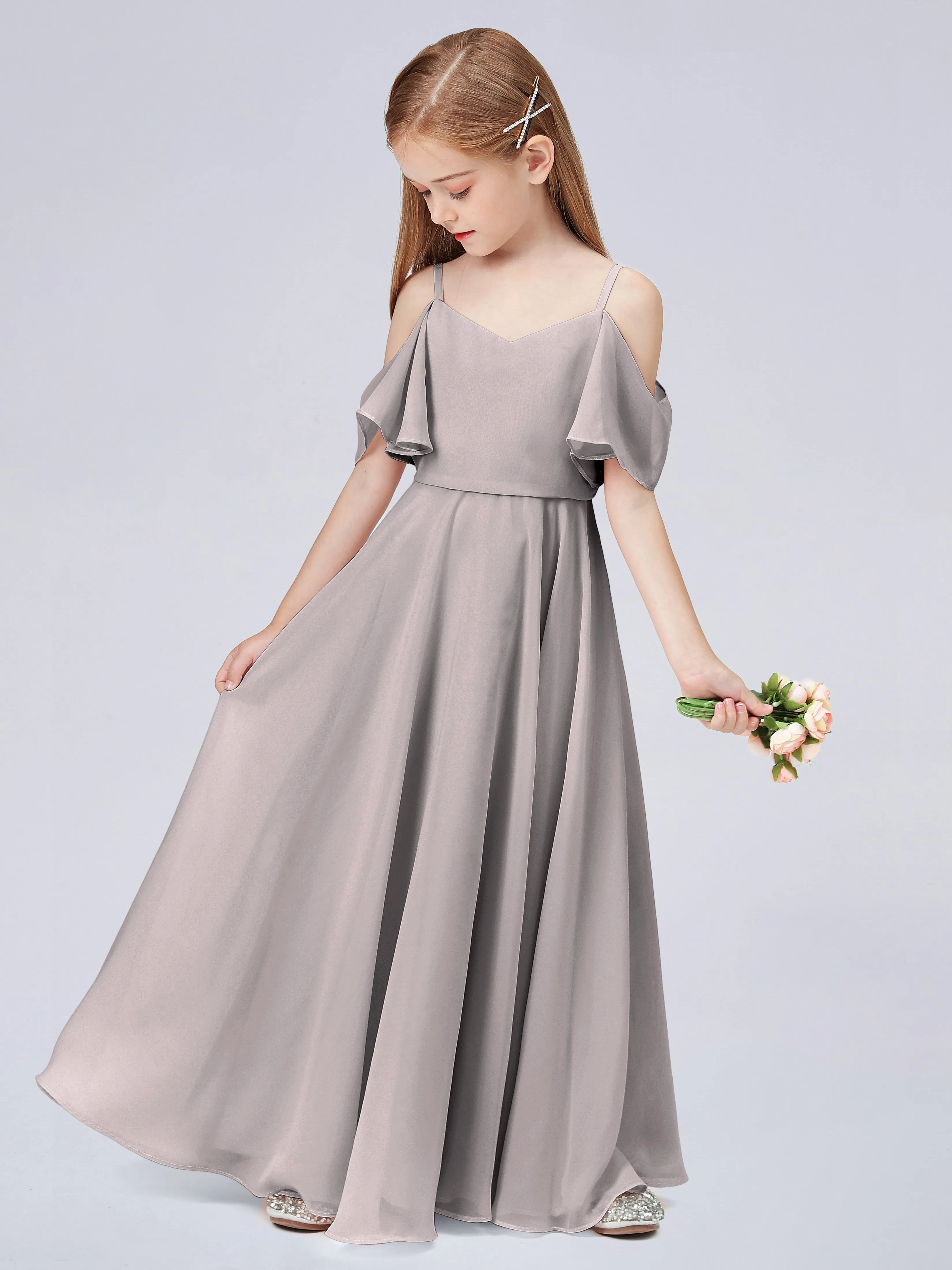 Junior Off-Shoulder Bridesmaid Dress with Ruffles