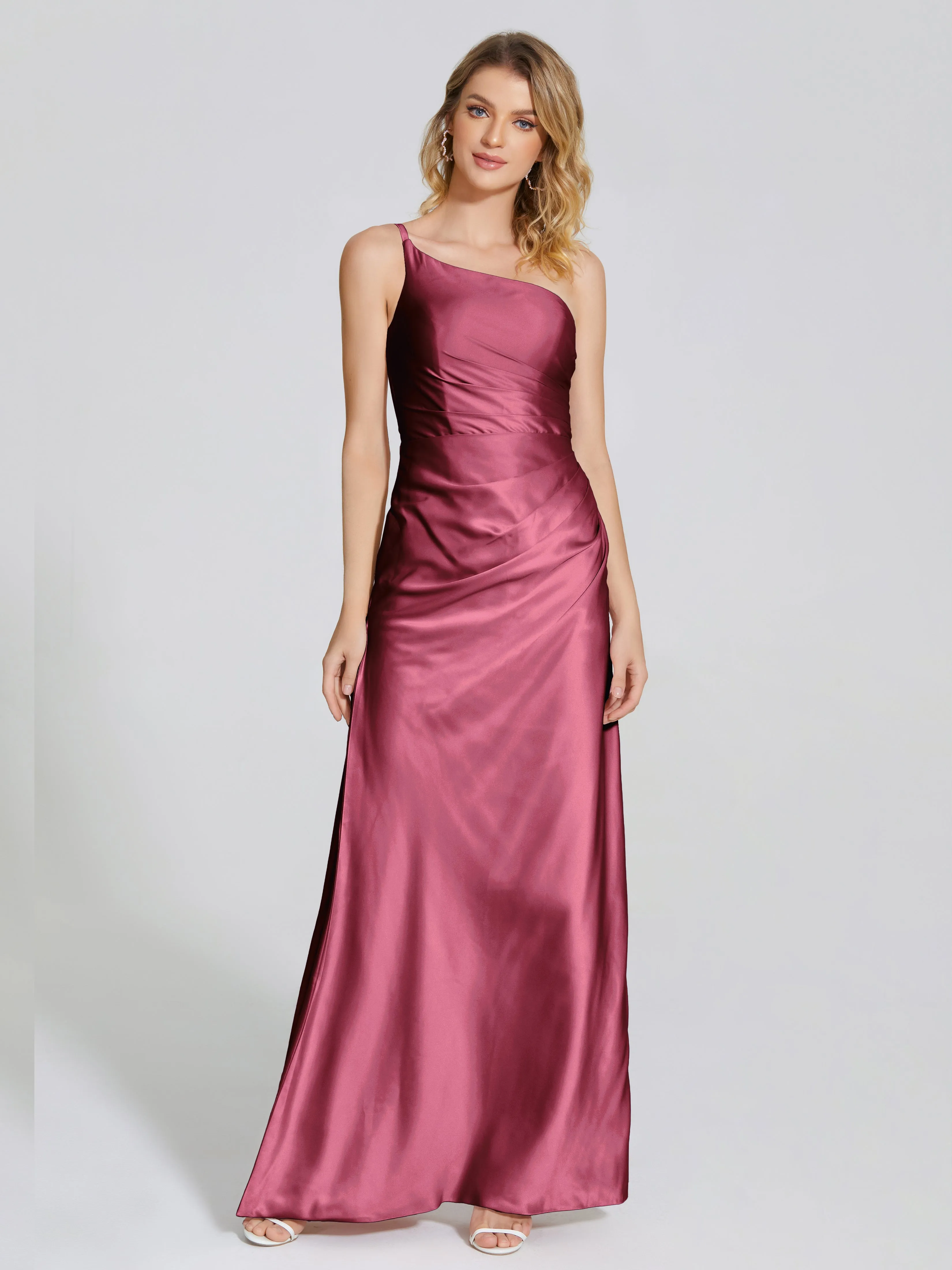 Soft Satin Side Slit One-Shoulder Bridesmaid Dress Angela