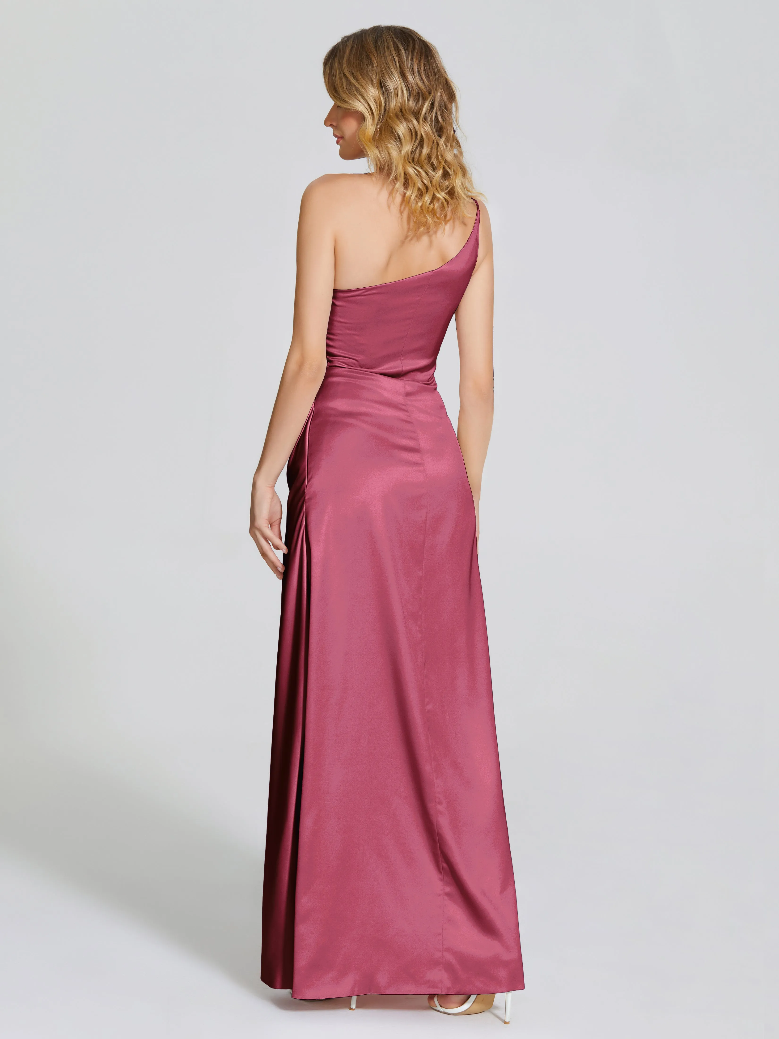 Soft Satin Side Slit One-Shoulder Bridesmaid Dress Angela