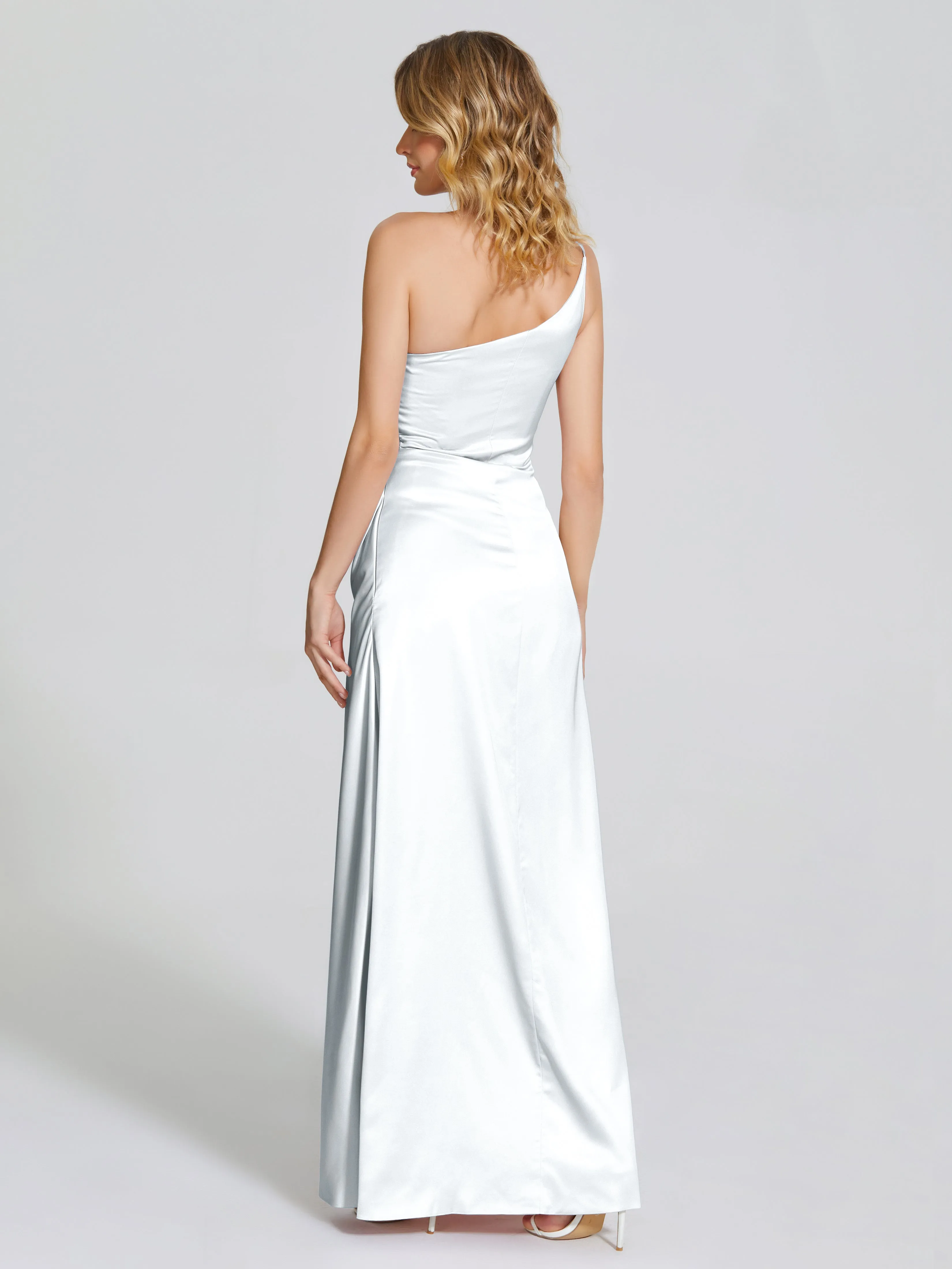 Soft Satin Side Slit One-Shoulder Bridesmaid Dress Angela