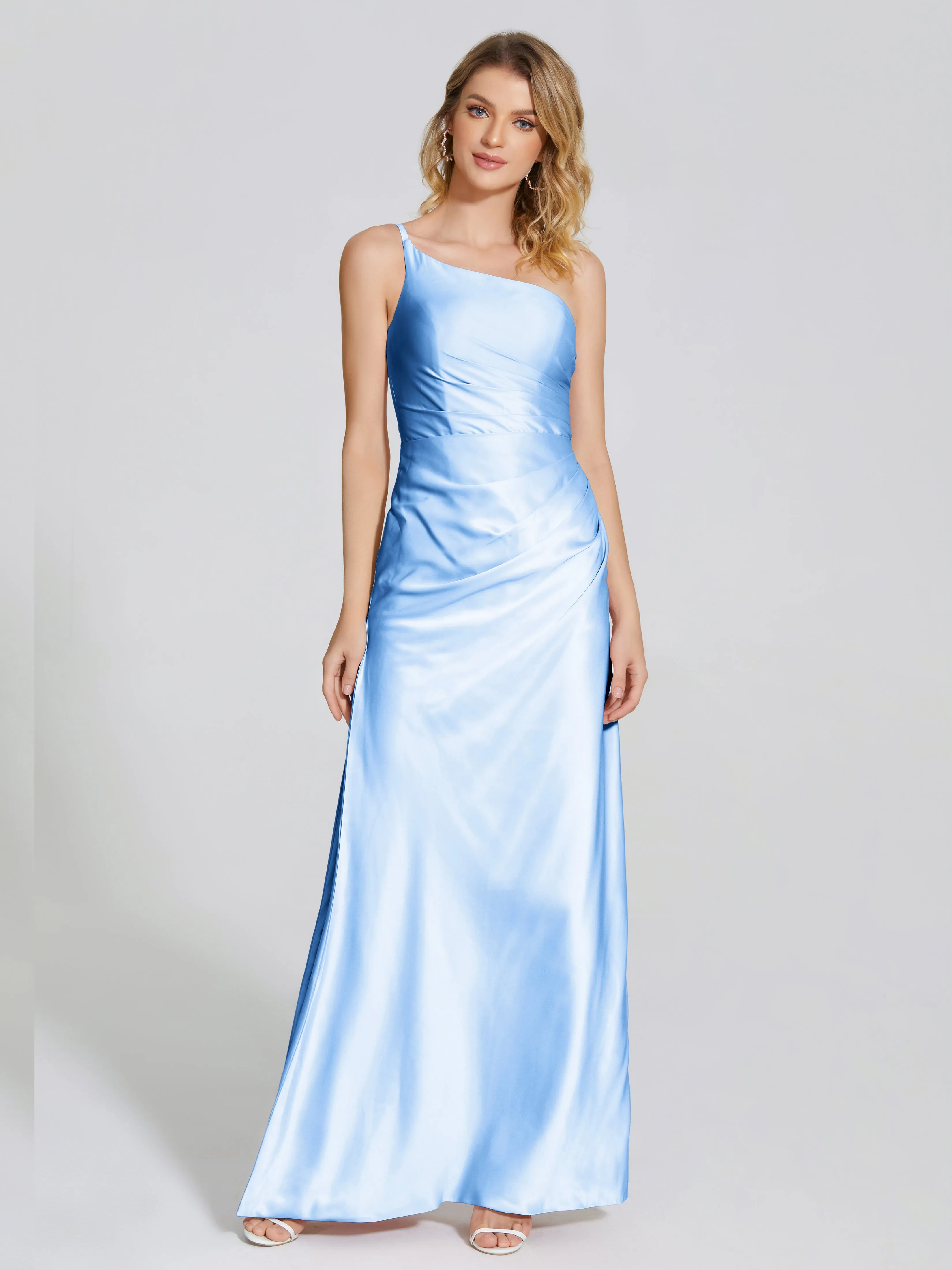 Soft Satin Side Slit One-Shoulder Bridesmaid Dress Angela