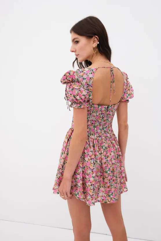 Multi Floral Mini Dress Paulina with Puff Sleeve