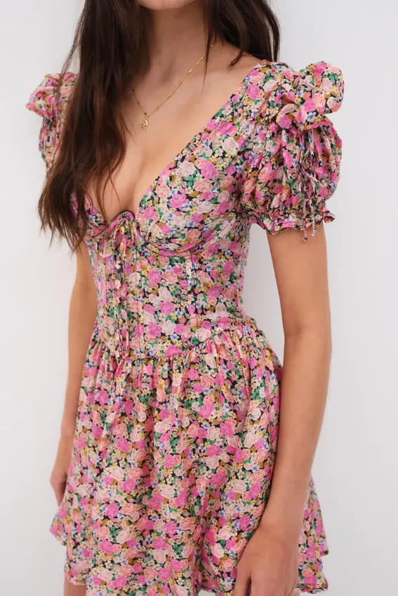 Multi Floral Mini Dress Paulina with Puff Sleeve