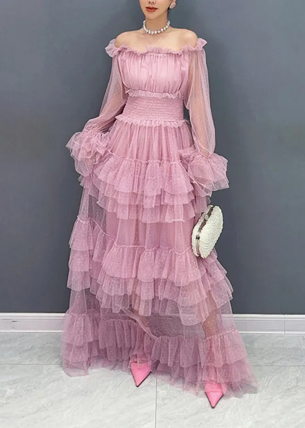 Pink Patchwork Tulle Dresses with Ruffles and Long Sleeves