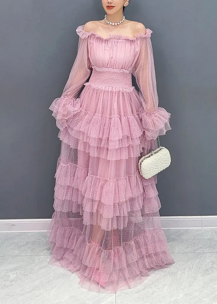 Pink Patchwork Tulle Dresses with Ruffles and Long Sleeves