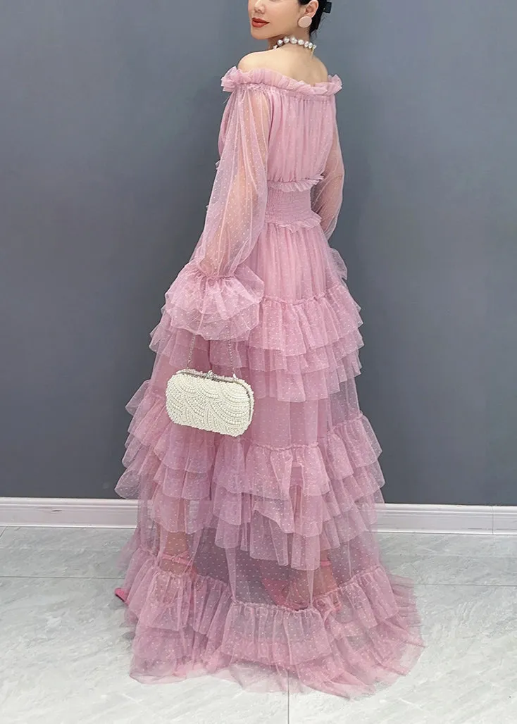 Pink Patchwork Tulle Dresses with Ruffles and Long Sleeves