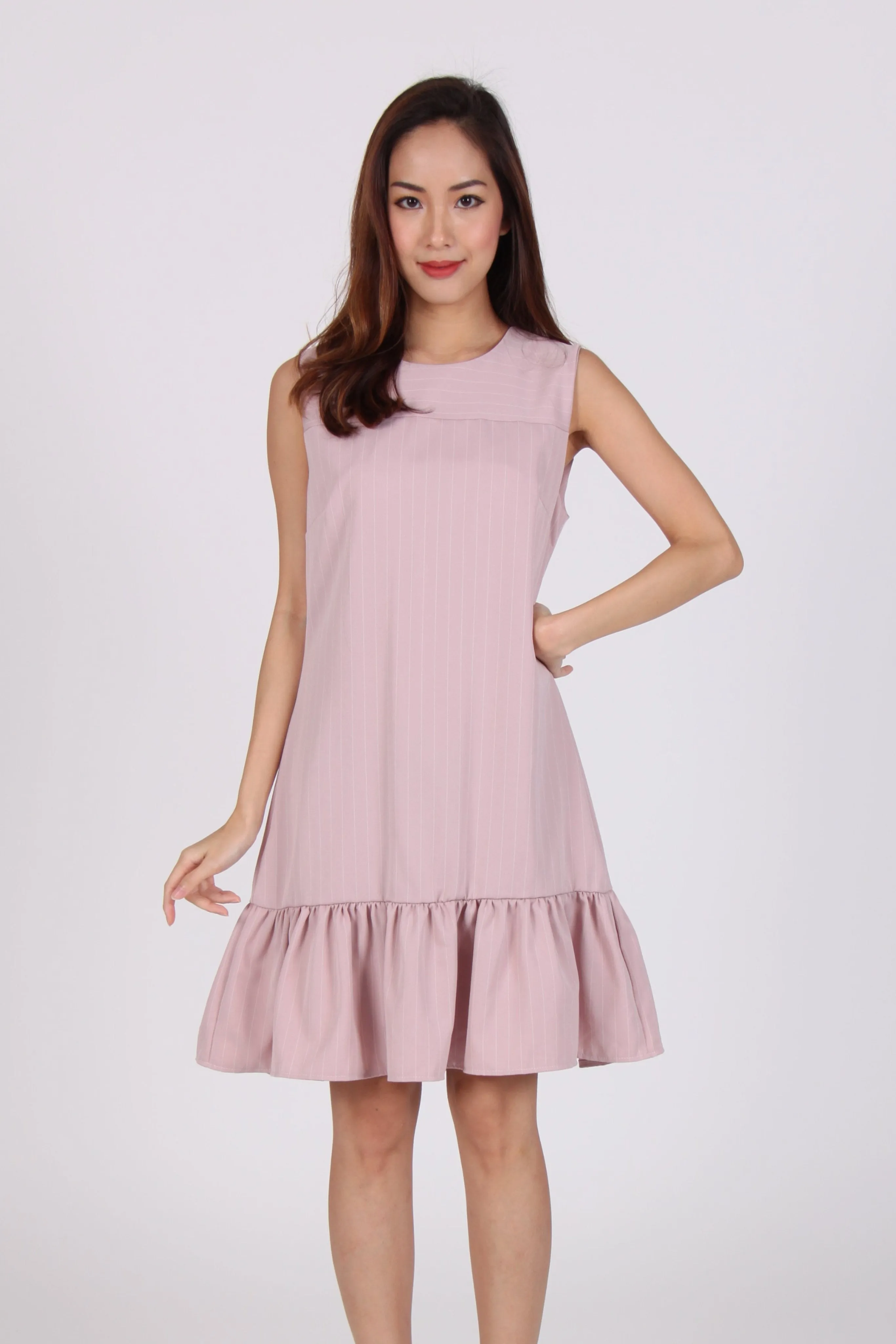 Pink Sleeveless Pinstripe Drop Waist Dress