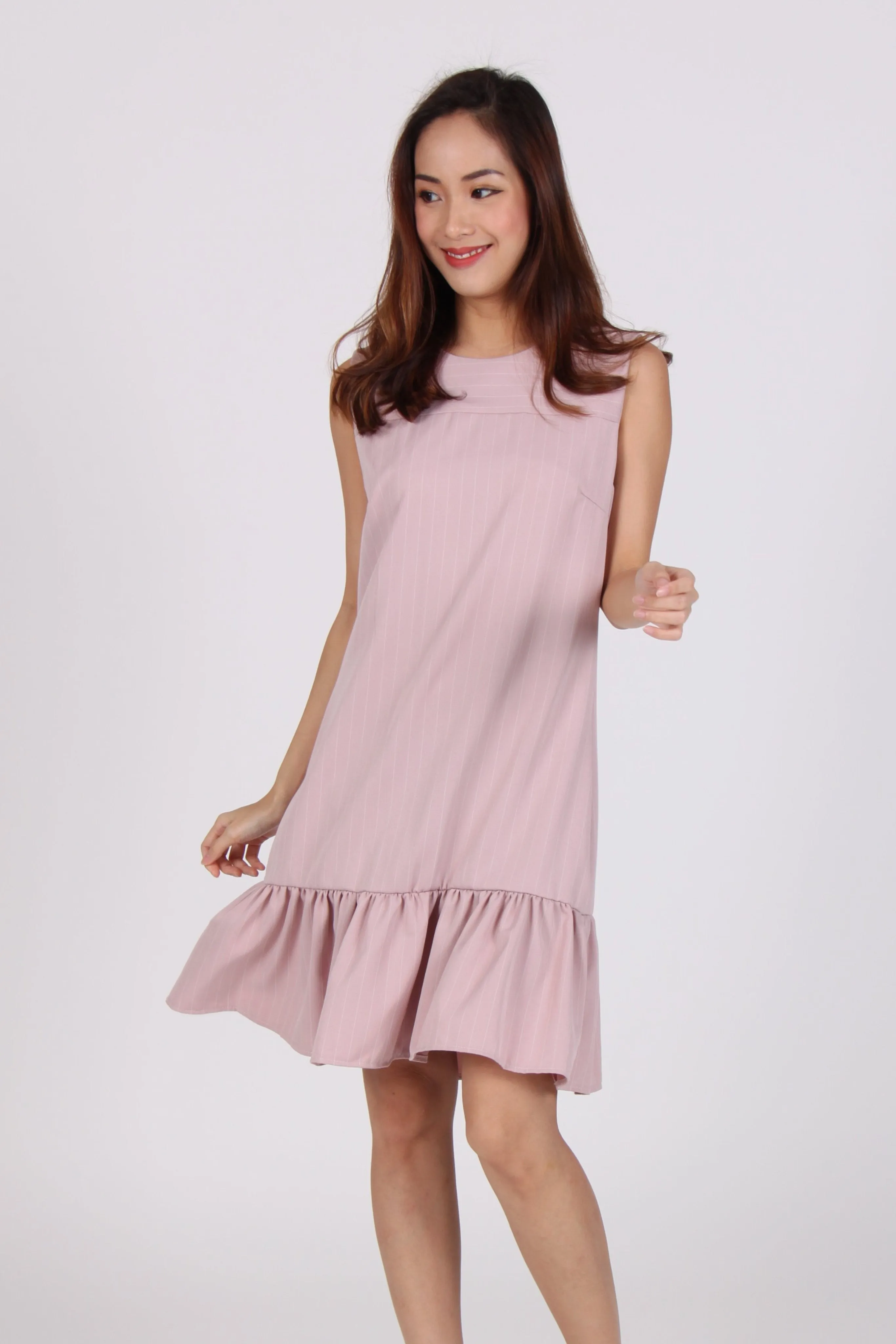 Pink Sleeveless Pinstripe Drop Waist Dress