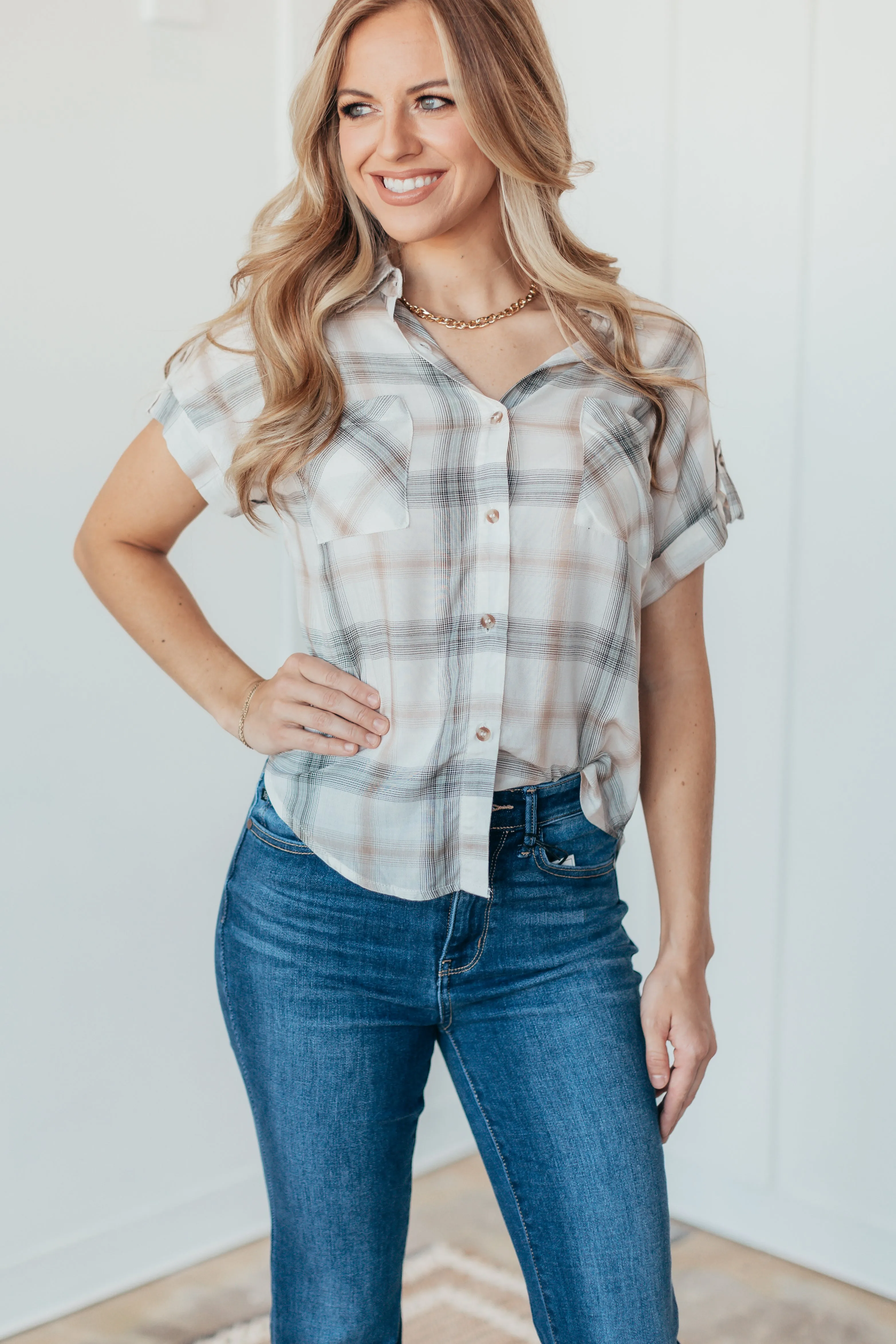 Woven Plaid Short Sleeve Top