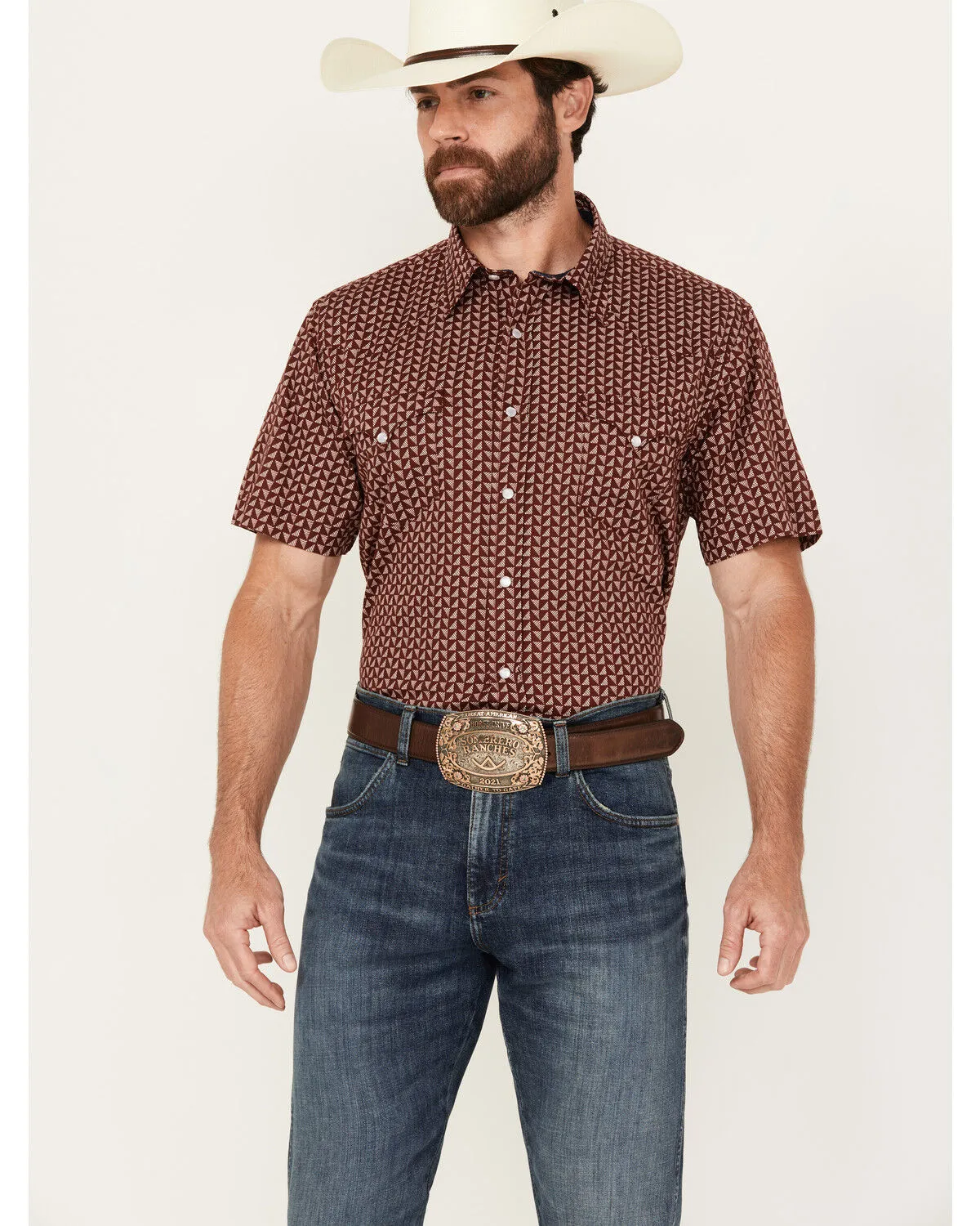 Product Name:  Roper Men's Boot Barn Exclusive West Made Geo Print Short Sleeve Pearl Snap Shirt