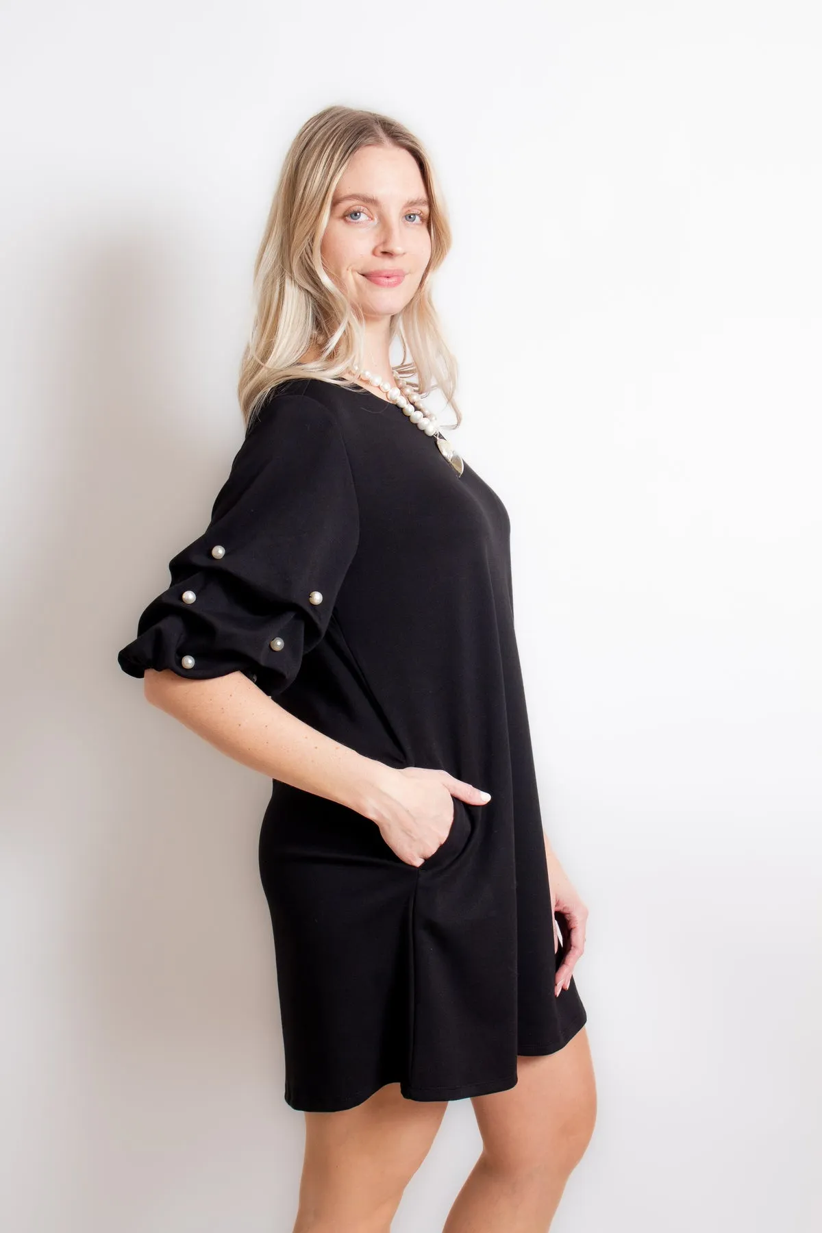 Puff Sleeve Pearl Dress in Black named Daffodil