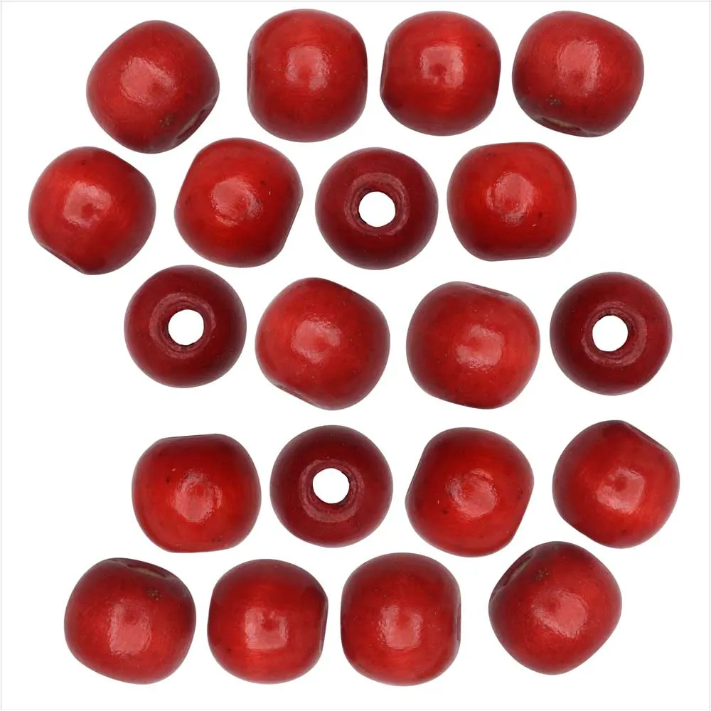 Red Dyed Wood Beads, Smooth Large Hole Round 14mm (20 Pieces)