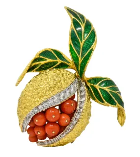 1960's Vintage Diamond Coral Enamel Gold Pomegranate Brooch