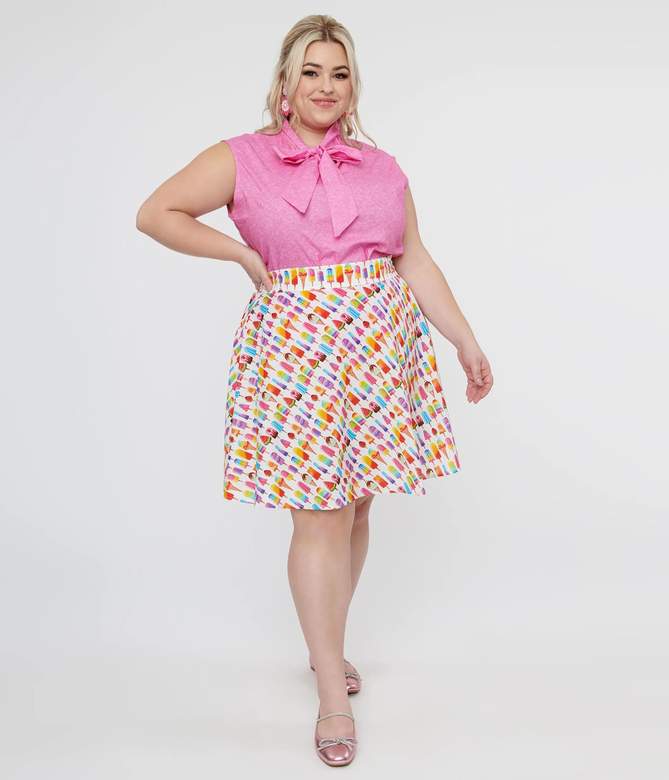 Plus Size Multicolor Ice Cream Print Skater Skirt from Retrolicious