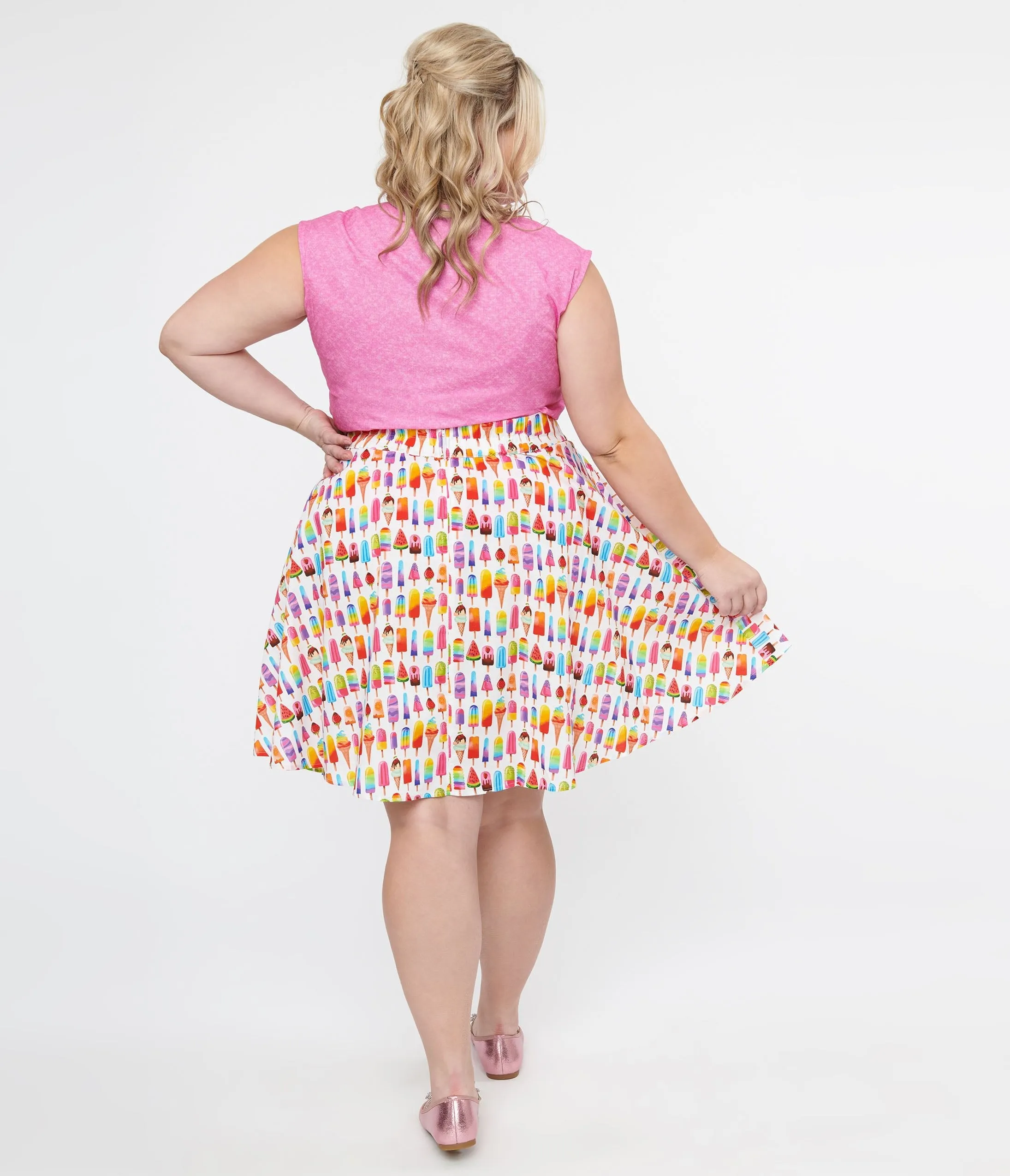 Plus Size Multicolor Ice Cream Print Skater Skirt from Retrolicious