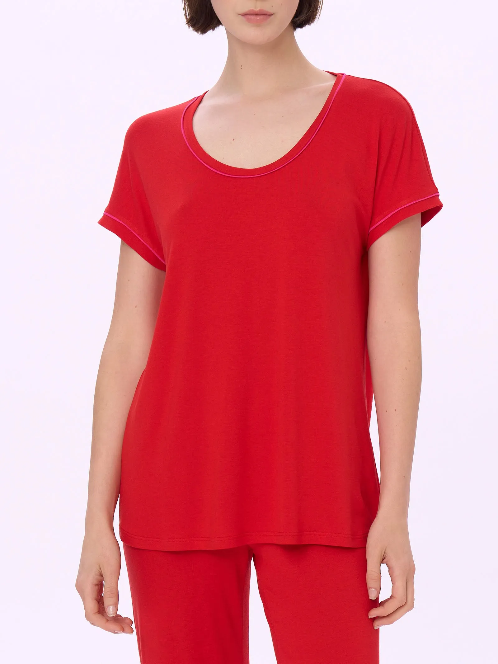 Round Neck Viscose Summer Maxi T-shirt - Ribbon Red