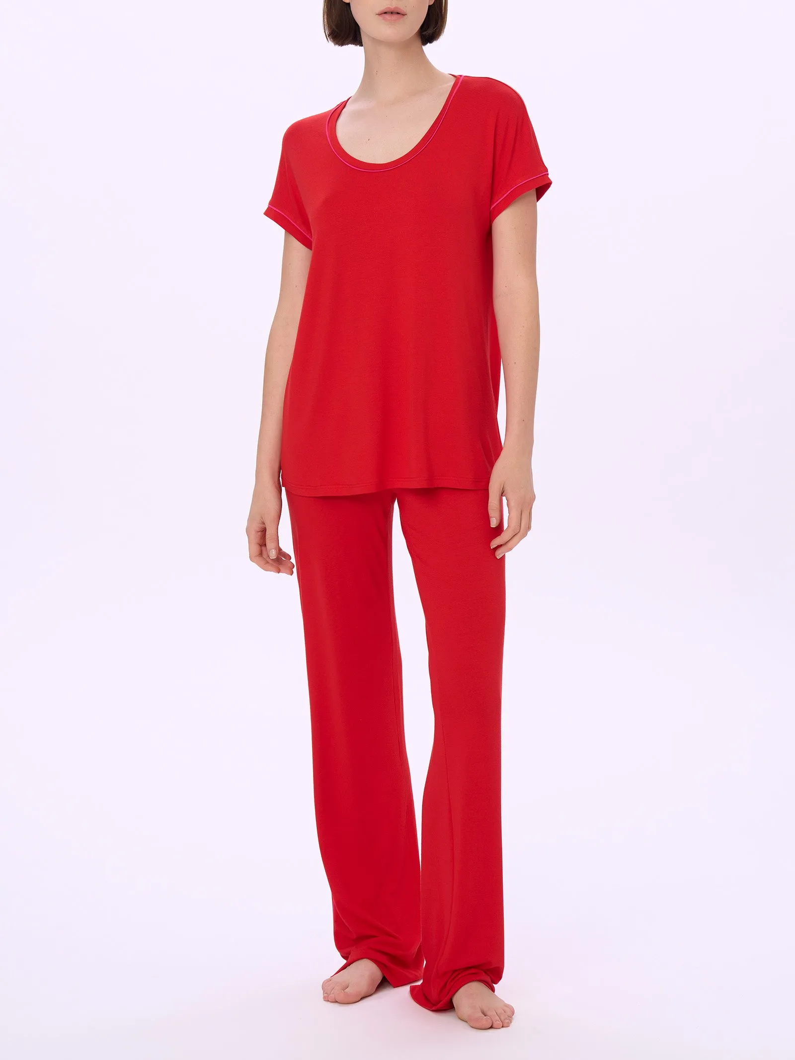 Round Neck Viscose Summer Maxi T-shirt - Ribbon Red