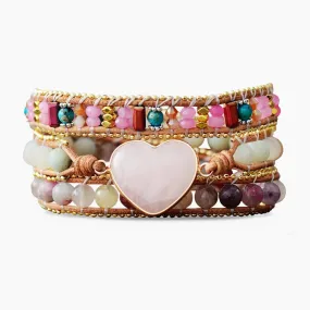 Heart Shaped Rose Quartz Wrap Bracelet