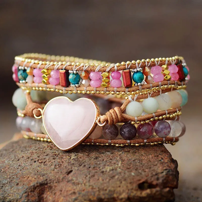 Heart Shaped Rose Quartz Wrap Bracelet