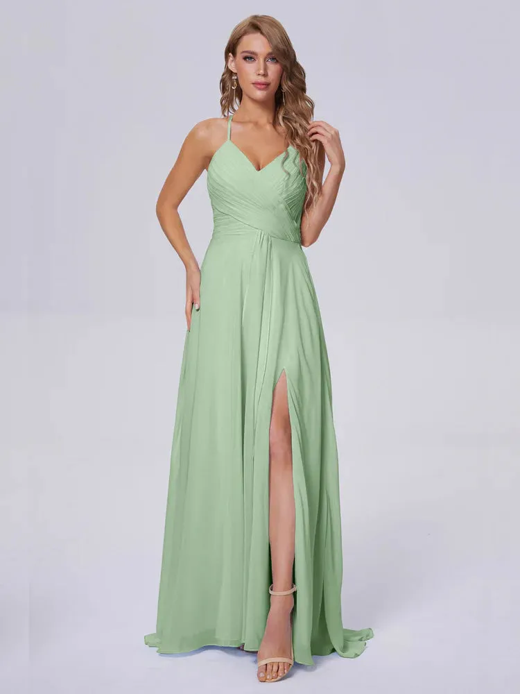 SAGE_GREEN Bridesmaid Spaghetti Strap Chiffon Dress with Slit