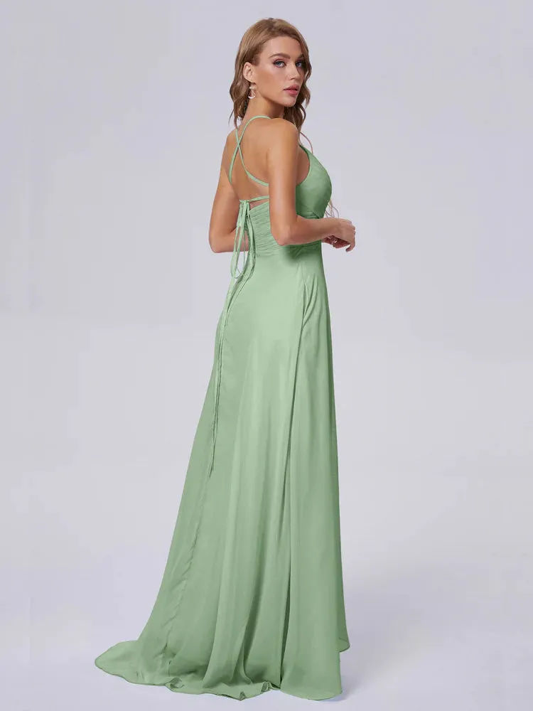 SAGE_GREEN Bridesmaid Spaghetti Strap Chiffon Dress with Slit