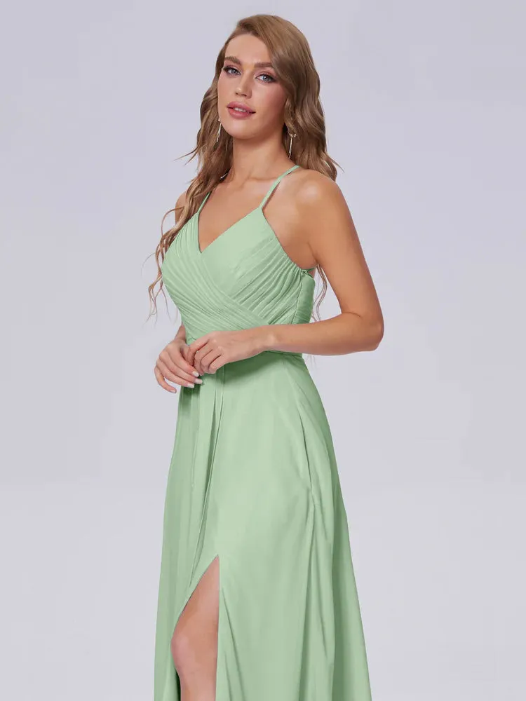 SAGE_GREEN Bridesmaid Spaghetti Strap Chiffon Dress with Slit